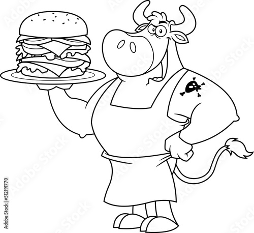 Outlined Bull Chef Cartoon Mascot Character Holding A Double  Hamburger Or Cheeseburger. Vector Fast Food Hand Drawn Illustration Isolated On White Background