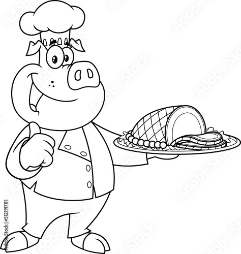 Outlined Happy Chef Pig Cartoon Mascot Character Holding Smoked Pork Or Meat Ham Sliced With Decoration On Tray. Vector Hand Drawn Illustration Isolated On White Background