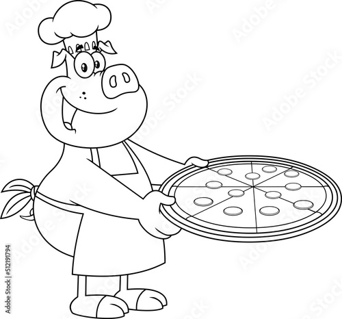 Outlined Funny Chef Pig Cartoon Mascot Character Holding A Big Pepperoni Pizza. Vector Hand Drawn Illustration Isolated On White Background