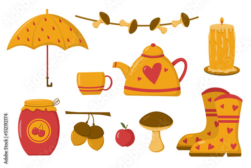 Autumn set with different attributes in yellow-red style in flat style, vector image.