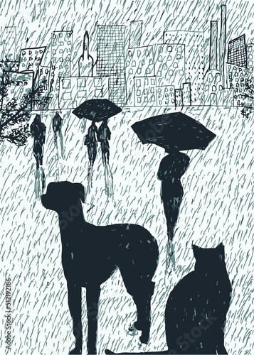 cat and dog under the rain vector illustration, wallpaper and background