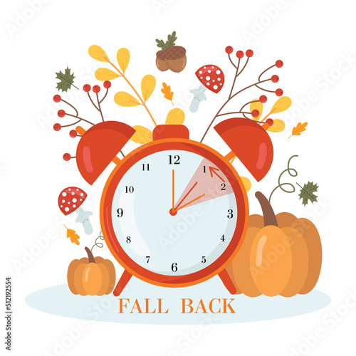Daylight saving time concept.Alarm clock  on the autumn leaves and pumpkins background. The reminder text - set clock back one hour. Vector illustration
