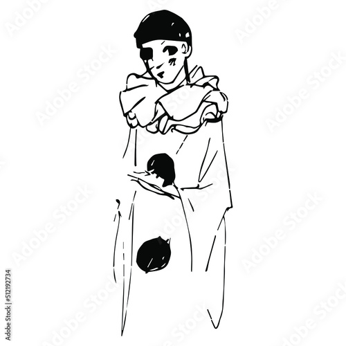 Standing Pierrot. Sad clown. Hand drawn linear doodle rough sketch. Black silhouette on white background.
