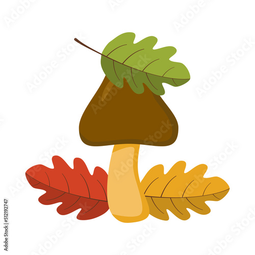 brown mushroom with leaves in vlet style. vector image.