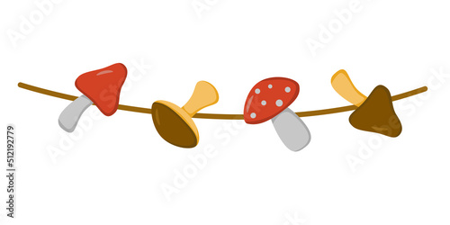 a set of mushrooms (red and brown) on a string in a flat style. Vector image.