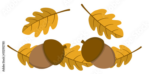 Oak acorn with falling yellow leaves in flat style. Vector image.