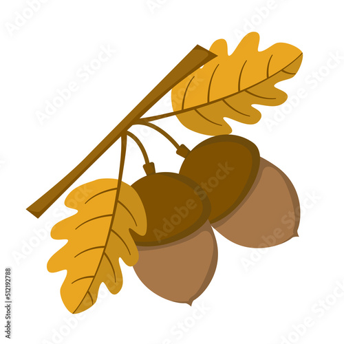 Oak acorn with yellow leaves in flat style. Vector image.