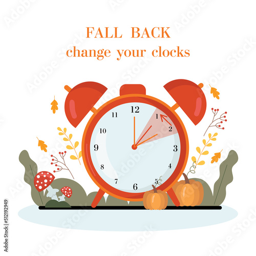 Daylight saving time concept.Alarm clock  on the autumn leaves and pumpkins background. The reminder text - set clock back one hour. Vector illustration