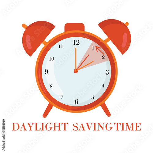The concept of daylight saving time. Alarm clock . The text of the reminder is to set the clock back one hour. Vector illustration