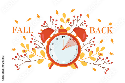 Daylight saving time concept.Alarm clock  on the autumn leaves  background. The reminder text - set clock back one hour. Vector illustration