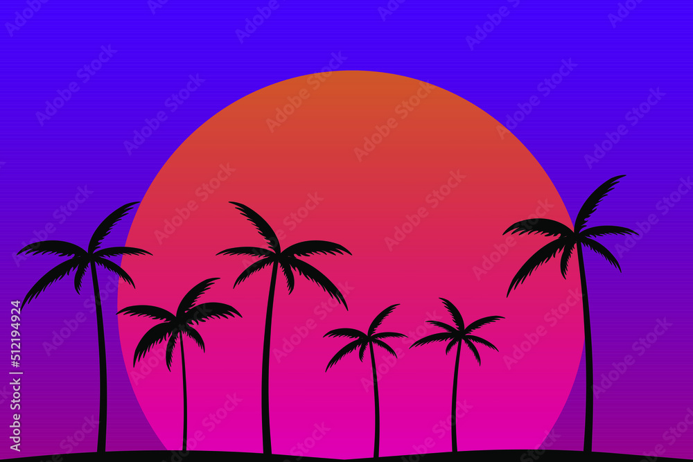 Naklejka premium Silhouette of gradient palm trees in 80s style on a black background. Tropical palms isolated. Summer time. Design for posters, banners and promotional items. vector illustration