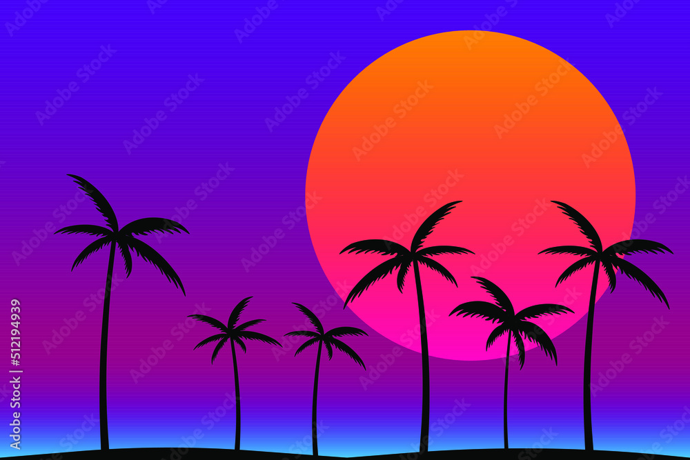 Silhouette of gradient palm trees in 80s style on a black background. Tropical palms isolated. Summer time. Design for posters, banners and promotional items. vector illustration

