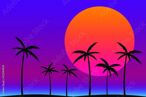 Silhouette of gradient palm trees in 80s style on a black background. Tropical palms isolated. Summer time. Design for posters, banners and promotional items. vector illustration 