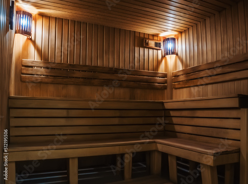 Typical Finnish Sauna, hot classic wooden sauna from wood.