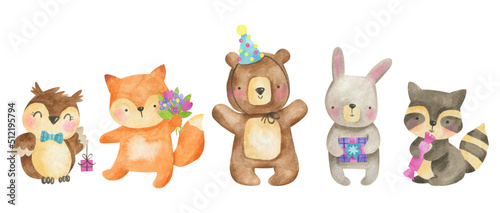 Canvas Print Watercolor set of forest animals - bear, racoon, owl, rabbit,fox with decorative elements