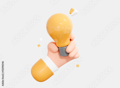 3D Hand holding Light Bulb. Employee with genius business idea. Plan strategy and solution concept. Success in work. Cartoon creative design icon isolated on white background. 3D Rendering