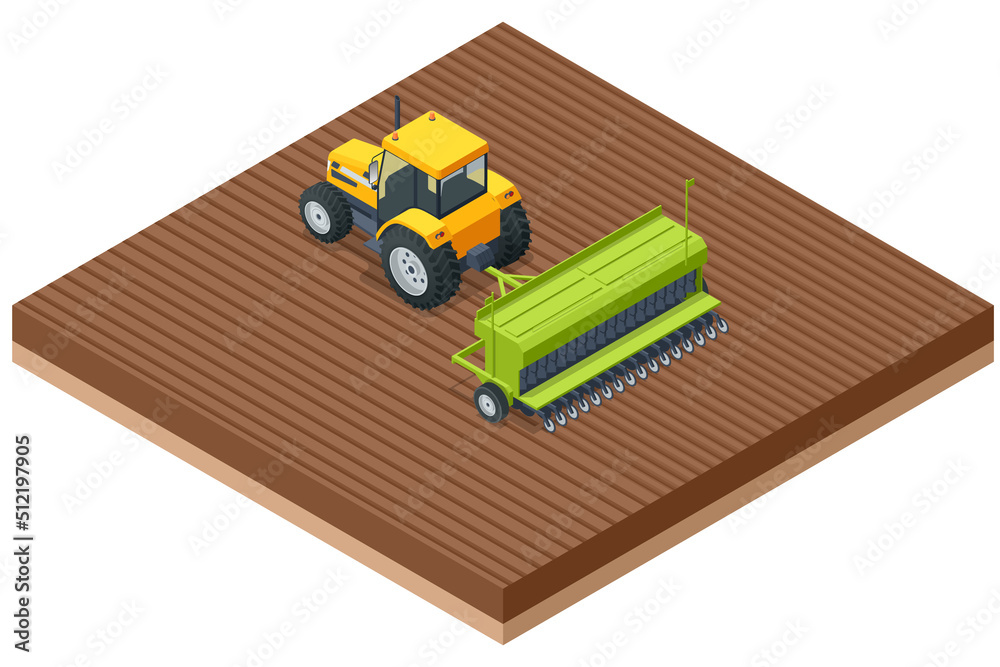 Obraz premium Isometric Agricultural Cultivator. A cultivator is a piece of agricultural equipment used for secondary tillage. Tractor preparing land with seedbed cultivator