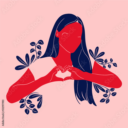 Woman with hands in the form of heart. Vector flat illustration. Making love sign by hands. Female silhouette