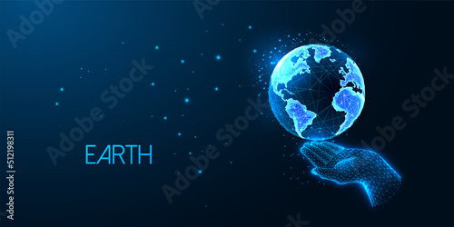 Concept of Sustainable development, eco friendly with hand and planet Earth globe on blue background