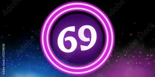 Number 69. Banner with the number sixty nine on a black background and blue and purple details with a circle purple in the middle photo