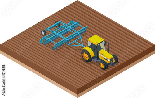 Isometric Agricultural Cultivator. A cultivator is a piece of agricultural equipment used for secondary tillage. Tractor preparing land with seedbed cultivator