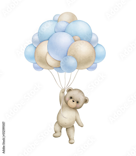Teddy bear with blue balloons..Watercolor hand painted illustrations for baby boy shower isolated on white background ...