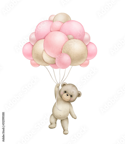 Teddy bear with pink balloons..Watercolor hand painted illustrations for baby girl shower isolated on white background ...
