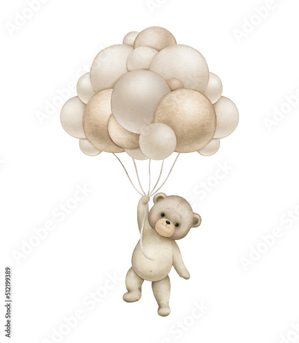 Teddy bear with neutral brown balloons..Watercolor hand painted illustrations for baby  shower isolated on white background ...