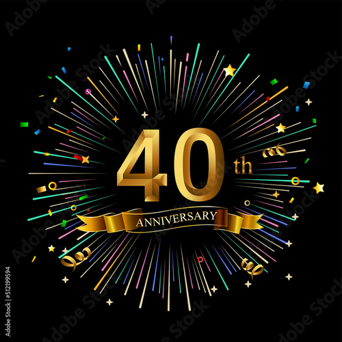 40th Anniversary celebration. Golden number 40th with sparkling confetti