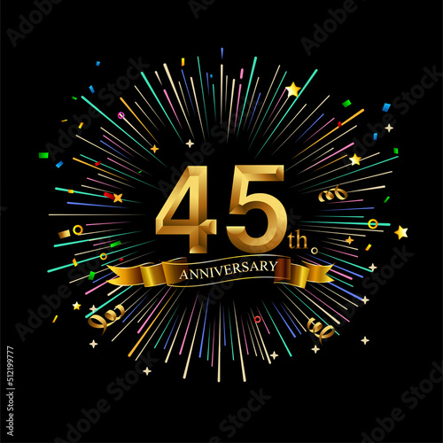 45th Anniversary celebration. Golden number 45th with sparkling confetti photo