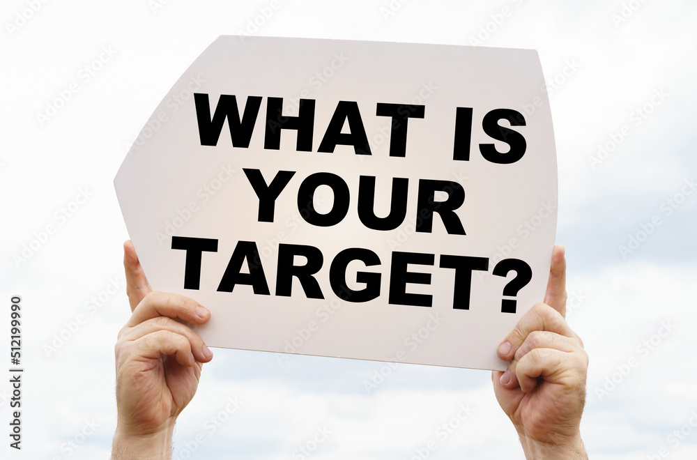Against the background of the sky in the hands of a man is a sign with the inscription - WHAT IS YOUR TARGET Against the background of the sky in the hands of a man is a sign with the inscription - WHAT IS YOUR TARGET