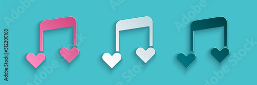 Paper cut Music note, tone with hearts icon isolated on blue background. Valentines day. Paper art style. Vector