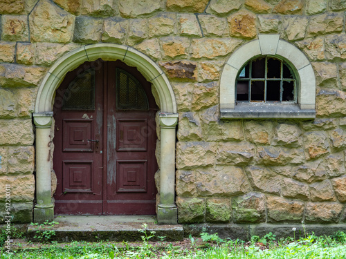 View of the stone wall with a window and a door, Lower Silesia, Poland