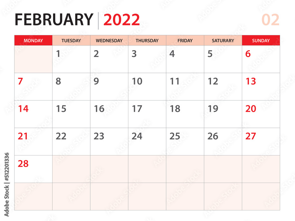 February 2022 template, Calendar planner 2022, week start on Monday