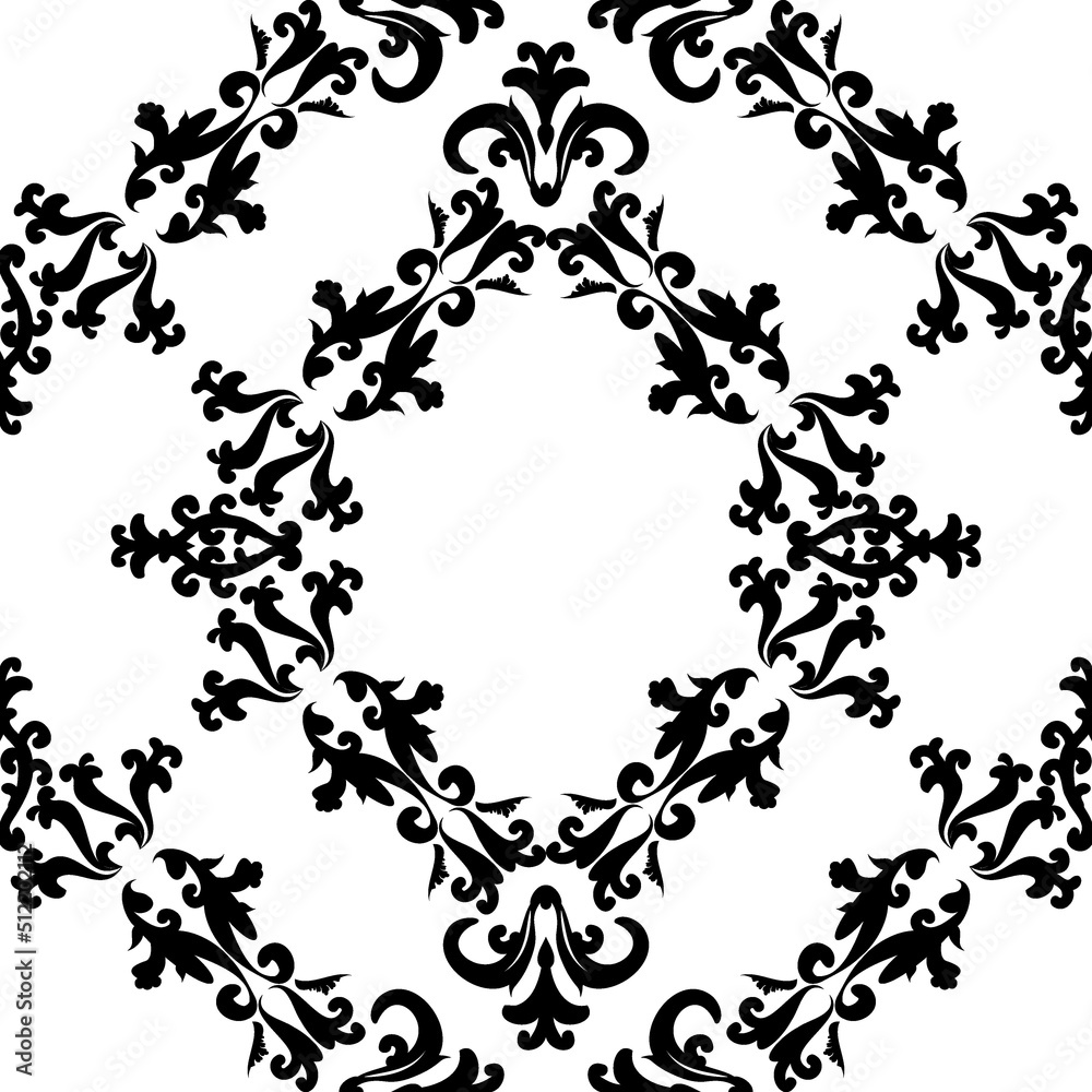 Vintage decorative black and white pattern. Seamless ornament in damask style. Vector illustration.