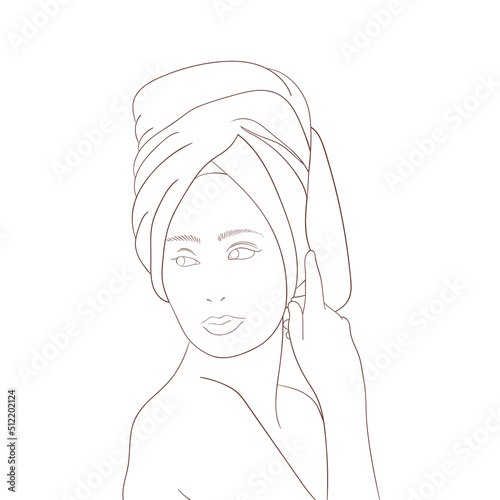 Looking aside female wearing turban outline portrait showing hand neck and shoulders on white background