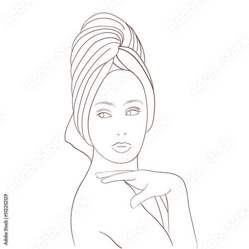 Female with turban head towel outline portrait with hand on shoulder looking aside. White background