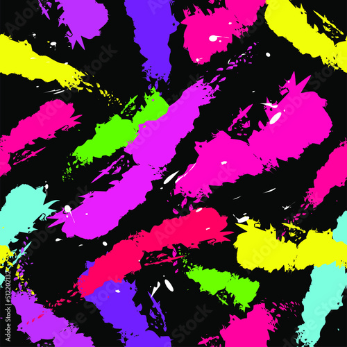 neon strokes on a black background. bright neon backdrop. spots, doodles, brush strokes, splashes, light green, pink, turquoise neon colors. contrast abstract vector background