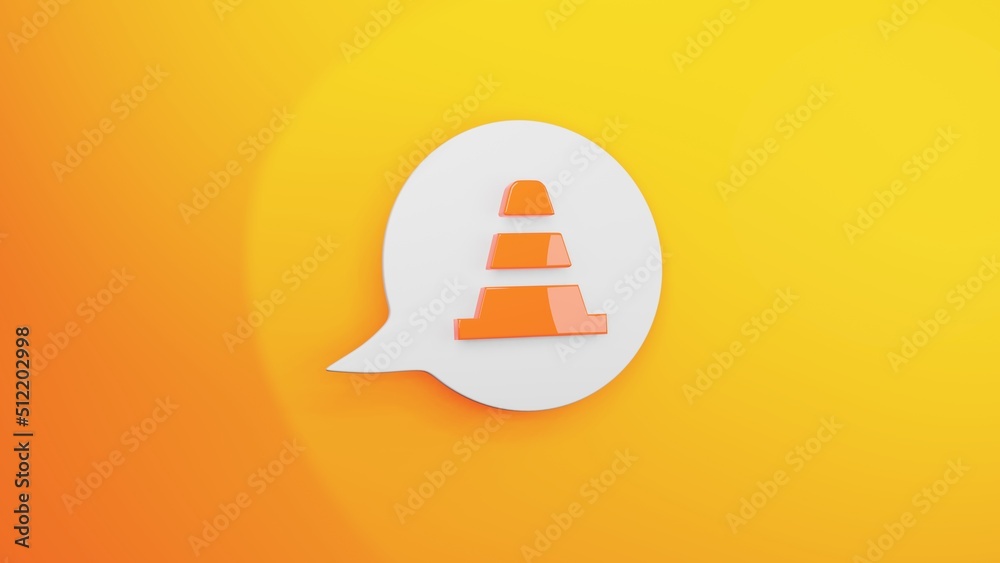 Pylon-Icon auf einer weissen Sprechblase mit gelbem Hintergrund, 3D-Rendering Pylon-Icon auf einer weissen Sprechblase mit gelbem Hintergrund, 3D-Rendering