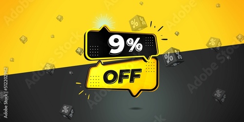 9  off limited special offer. Banner with nine percent discount on a  black and yellow background with yellow square and black. Illustration 3d