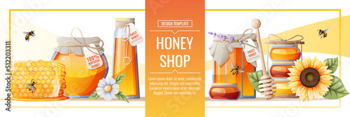 Banner template with honey products. Honey shop.Illustration of a jar of honey, honeycombs, bees, flowers. Design for label, flyer, poster, advertising.