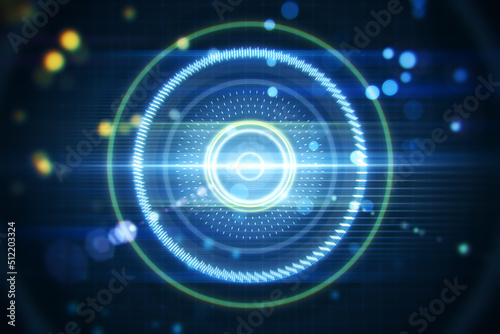 Creative blurry dark lens or round interface background with grid and blurry bokeh circles. Space, sci fi and flare concept. 3D Rendering.