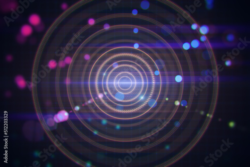 Abstract blurry dark lens or round interface texture with grid and blurry bokeh circles. Space, sci fi and flare concept. 3D Rendering.