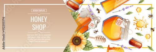 Banner template with honey products. Honey shop.Illustration of a jar of honey, honeycombs, bees, flowers. Design for label, flyer, poster, advertising.