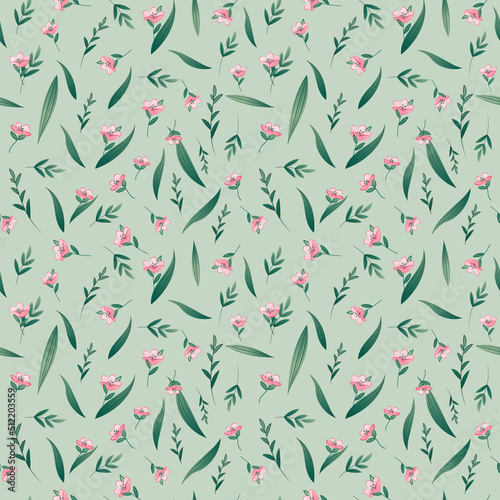 Seamless pattern of wild flowers against a green background. Texture for paper, textiles, wallpaper, etc.
