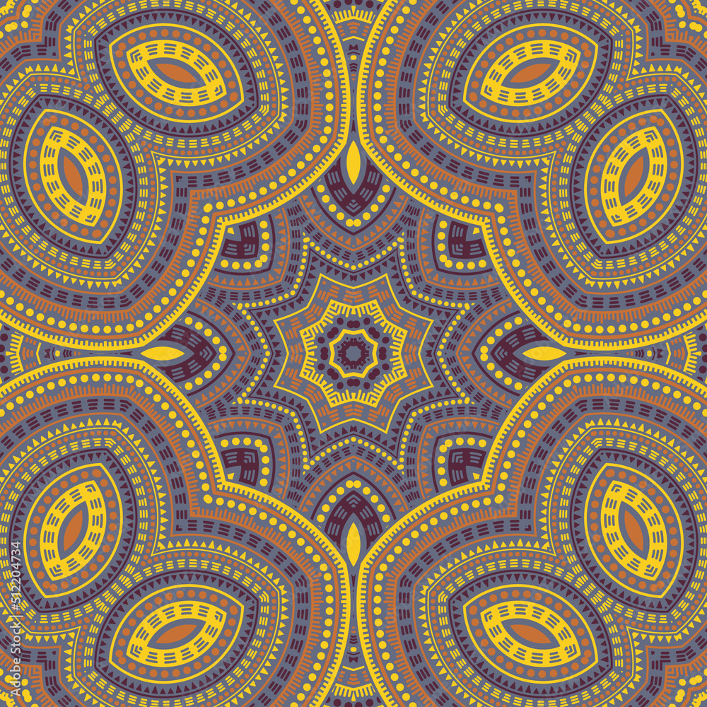 Muslim ethnic geometric vector seamless ornament. Batik patchwork design. Decorative oriental pattern. Pottery print design. Circles and lines composition.
