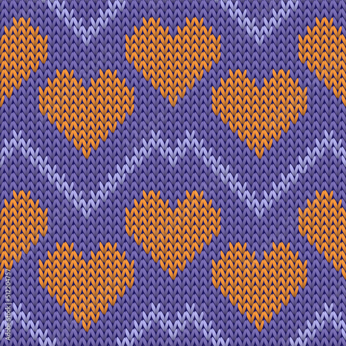 Hygge heart knit scandinavian vector seamless pattern. Knitted texture valentine