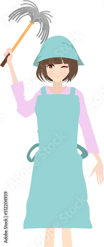 はたきを持って掃除する主婦の挿絵