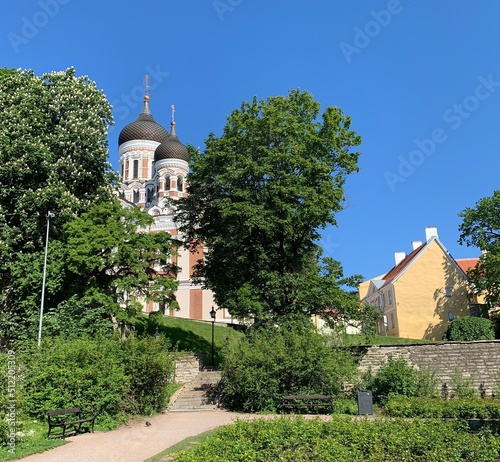 Urban park and cathedral in Tallinn, Estonia 
