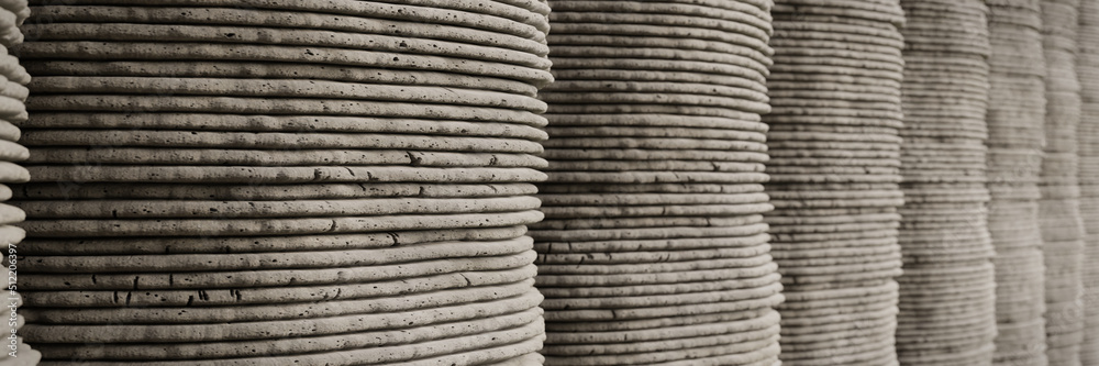 3D printed concrete organic shaped wall, architectural background banner